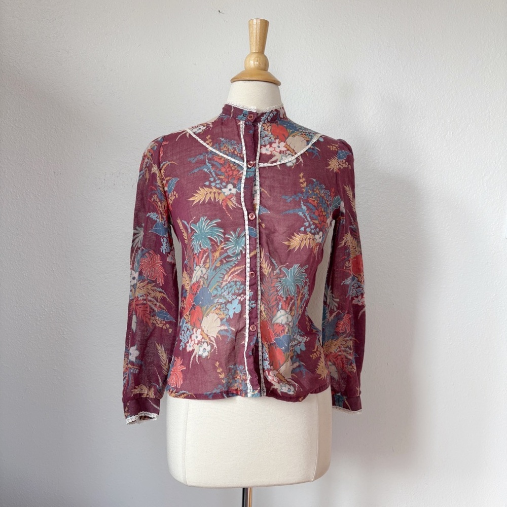 Vintage 1970s Floral Maroon Western Boho Button Down Shirt
